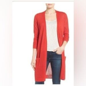 HALOGEN Women's red linen cardigan with pockets Size Medium